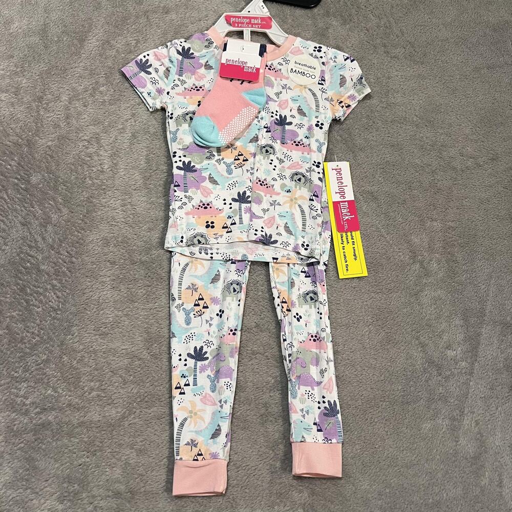 Penelope Mack Pajama Set Girls 18M Dinosaur Bamboo 3 Piece with Socks Breathable